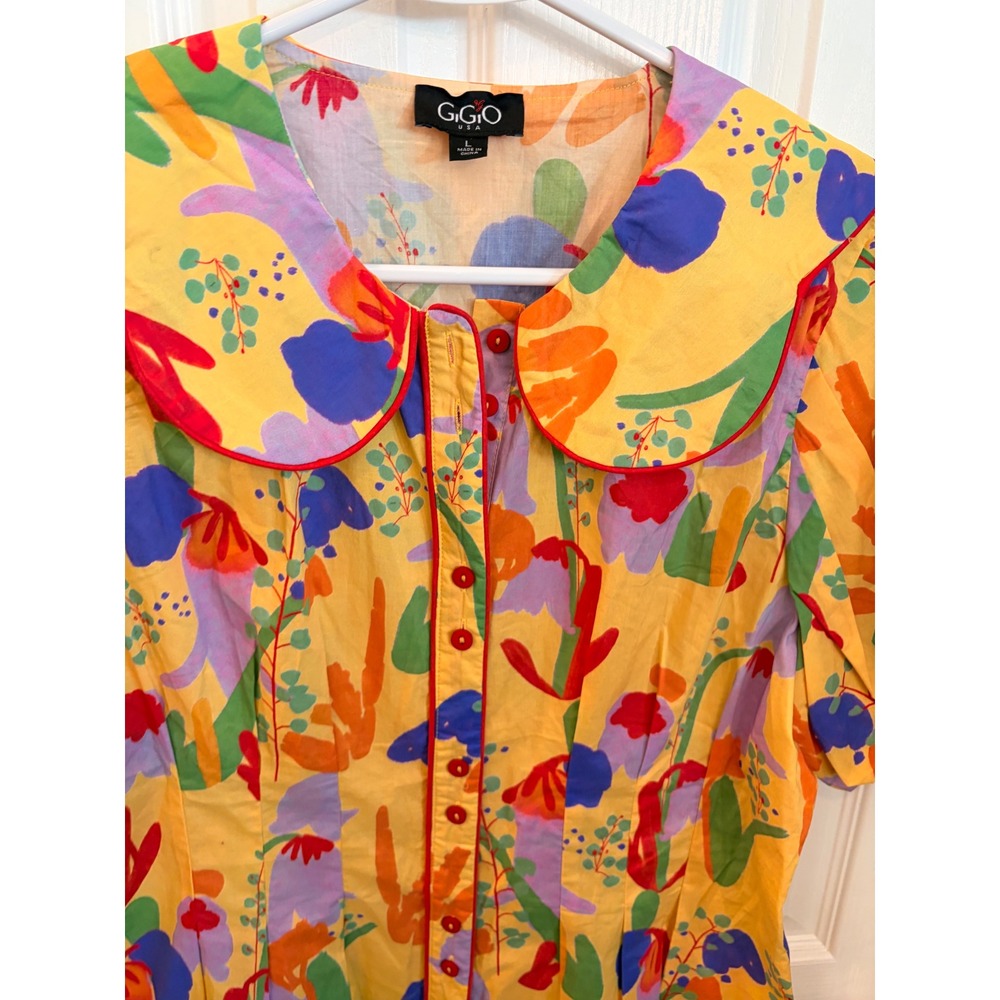 GIGIO Mini Dress Yellow Floral Peter Pan Collar Puff Sleeve Artsy - Picture 3 of 8